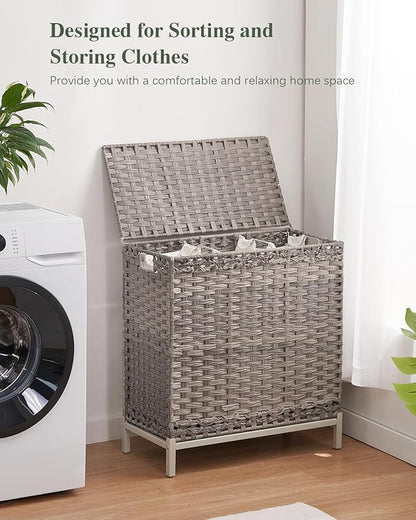 SETVSON Laundry Hamper with Lid 132 L, (35 Gallons) Clothes Hamper with Lid, Handwoven Rattan Laundry Hamper with Metal Heightened Feet, Laundry Hampers with 3 Removable Liner Bags for Laundry-Gray