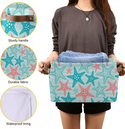 Bolaz Large Storage Basket Nautical Ocean Starfish Foldable Storage Box Organizer Bins with Handles for Bedroom Home Office