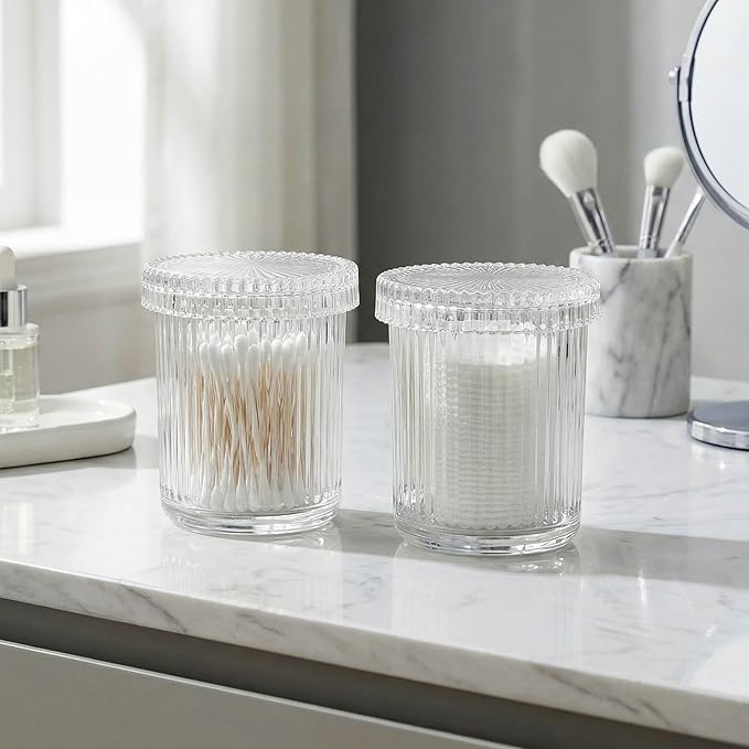 rejomiik Glass Qtip Holder Dispenser 2 Pack, Bathroom Canister Apothecary Jars with Lids, Vanity Makeup Accessories Storage Organizer for Cotton Swabs, Cotton Balls, Pads, Floss Picks, Clear