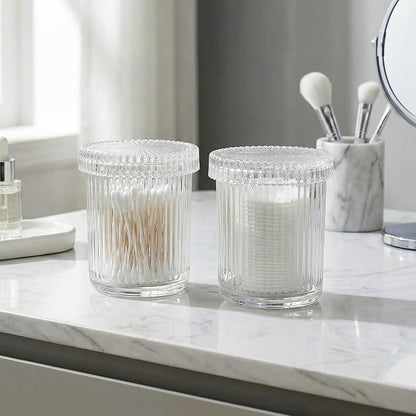 rejomiik Glass Qtip Holder Dispenser 2 Pack, Bathroom Canister Apothecary Jars with Lids, Vanity Makeup Accessories Storage Organizer for Cotton Swabs, Cotton Balls, Pads, Floss Picks, Clear