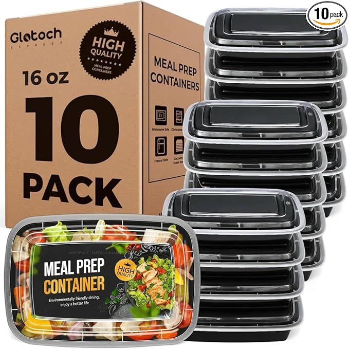 Glotoch 16oz 10-Pack Meal Prep Containers with Lids Reusable, plastic food storage containers sturdy leakproof, Microwave/freezer/dishwasher safe to go food containers, Black