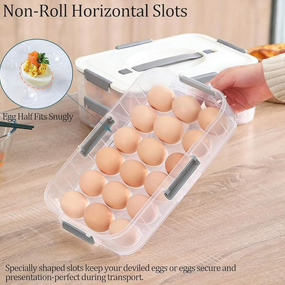 VitalYang Deviled Egg Container with Lid, Double Layer Egg Container, 36 Count Deviled Egg Tray- Secure Lock & Handle, Stackable, Leak-Proof Design for Parties & Catering, White