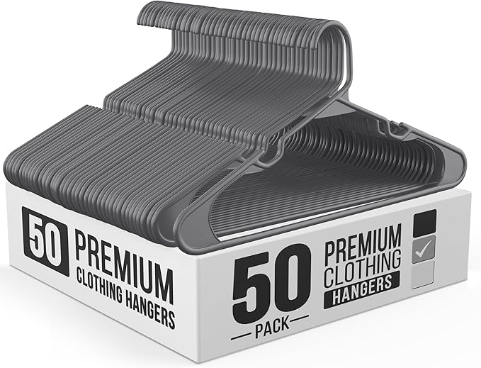 Our Modern Space 50 Pack Adult Plastic Hanger for Shirt Pants Coats Dresses Skirts Suits Jackets - Standard Thick Coat Hanger - Sturdy & Durable Design with Shoulder Grooves Hook - Grey