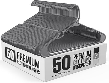 Our Modern Space 50 Pack Adult Plastic Hanger for Shirt Pants Coats Dresses Skirts Suits Jackets - Standard Thick Coat Hanger - Sturdy & Durable Design with Shoulder Grooves Hook - Grey