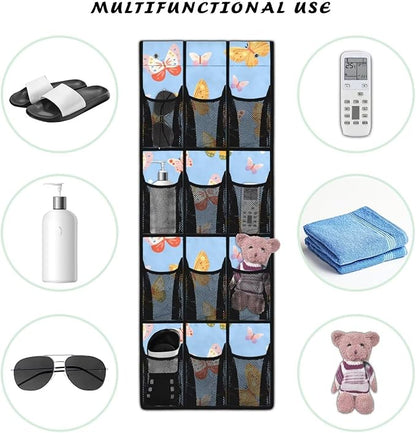 Butterfly Blue Over The Door/Wall Shoe Organizer,Nursery Organization,12 Compartment Breathable Mesh Pocket Over the Door Hanging Shoe Bag,Closet Shoe Hanging Bag,Breathable