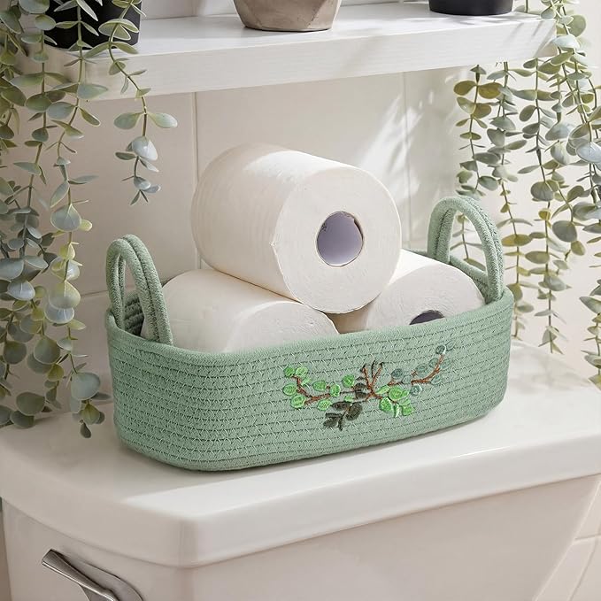 Vesici Eucalyptus Embroidered Cotton Rope Toilet Paper Basket, Boho Bathroom Counter Organizer with Handles, Green Storage Caddy for Toiletries Bedroom Organizing, 13 x 6 x 4 Inch