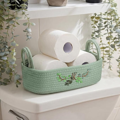 Vesici Eucalyptus Embroidered Cotton Rope Toilet Paper Basket, Boho Bathroom Counter Organizer with Handles, Green Storage Caddy for Toiletries Bedroom Organizing, 13 x 6 x 4 Inch