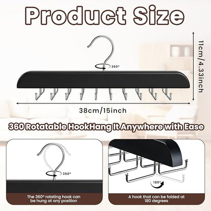 Tie Rack Hanger with 20 Foldable Metal Hooks, Space Saving Necktie Organizer for Men, Large Capacity, Wooden, Black