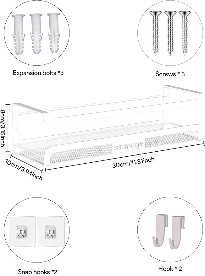 Spice Rack Wall Mount with Hooks - Spice Racks Organizer for Cabinet Storage, Wall Mounted Hanging Shelf Seasoning Organizer, for Kitchen, Pantry Door, Bathroom (White, 2 Pack)