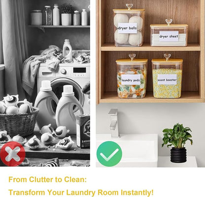 Large 4 Pack Laundry Pods Container & Laundry Powder Container, Plastic Laundry Room Organization and Storage Jars, Dryer Sheet Holder with Lid, Scoops, 16 Labels