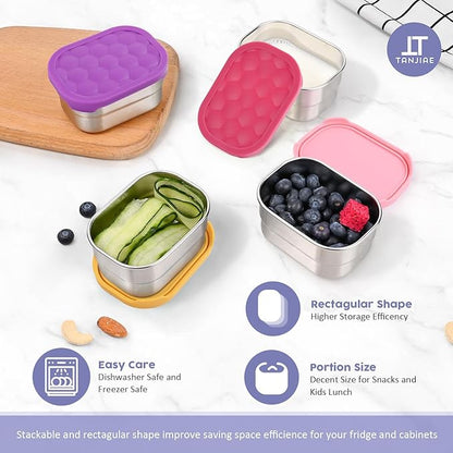 Tanjiae 4Pack Small (1 CUP) 8oz Stainless Steel Snack Containers for Kids | Reusable Easy Open Toddler Snack Containers with Silicone Lids | Stackable Toddler Lunch Box for Daycare, School and Travel