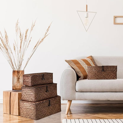 Woanger Set of 4 Wicker Baskets with Lids, Nautral Seagrass Storage Baskets, Woven Rectangular Basket Bins, Rattan Storage Organizer for Shelf Closet Bedroom(Coffee)