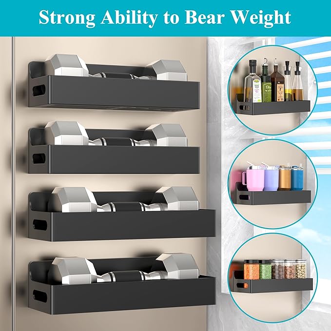 HuggieGems 4 Pack Magnetic Spice Seasoning Rack for Refrigerator, Magnetic Shelf Holder for Fridge with 4 Hooks for Kitchen Organization Storage, Black