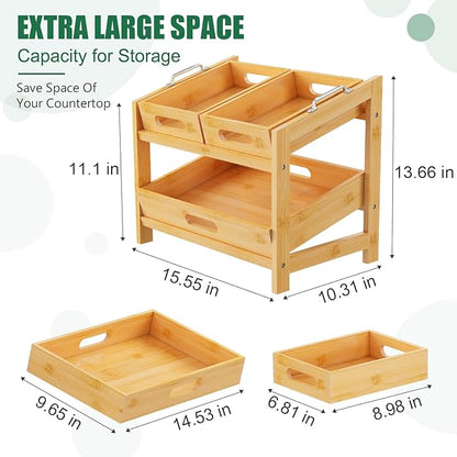 2-Tier Stackable Can Rack Organizer for Pantry, Fruit Basket, 2 Tier Bamboo Fruits Basket Stand for Kitchen Countertop, Tray Suitable for Bread, Vegetables, Produce