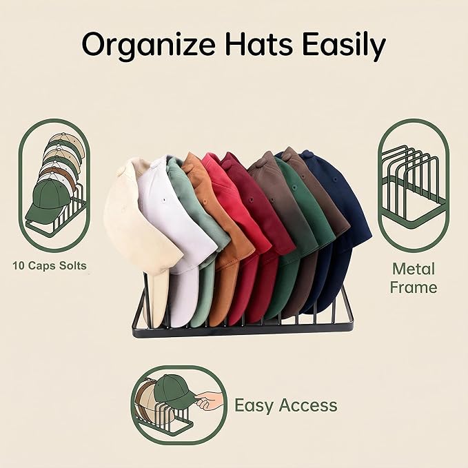 4 Pack Baseball Cap Organizer, Metal Hat Rack Holds 40 Caps, Free-Standing/No Install Hat Stand for Closet Shelf & Tabletop, Space-Saving Hat Holder for Baseball & Golf Caps