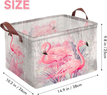 Flamingo Storage Basket Waterproof Canvas Toy Storage Bin Home Flamingo Decor Collapsible Outdoor Basket with Leather Handles Flamingos Gifts Blanket Baskets For Closets,Bedrooms,Bathroom
