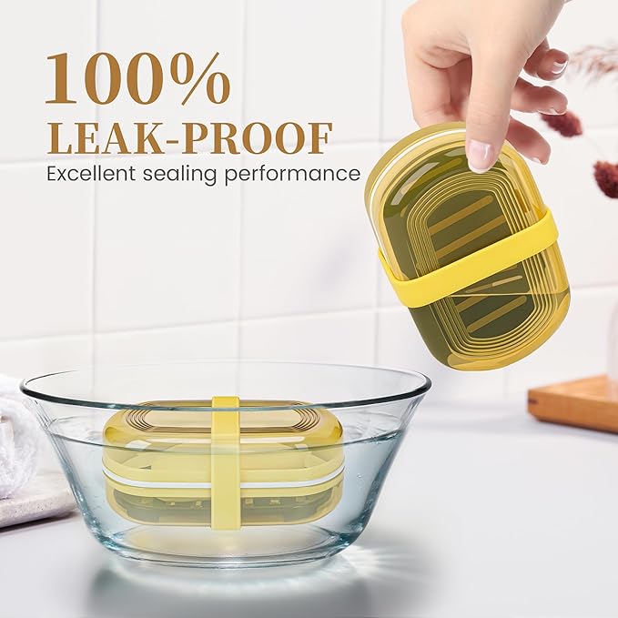 Leakproof Travel Soap Case with Lid | Draining Soap Bar Holder & Dish with Silicone Strap | Includes Mesh Soap Bag | for Shower, Bathroom, Camping, Gym (Lemon Yellow)