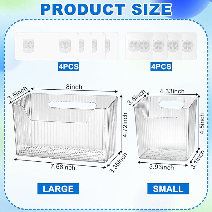 8 Pcs Storage Organizer Bins - Wall Mounted Basket in 2 Sizes, Clear Cabinet Door Stackable Adhesive Hanging Bin for Bathroom, Kitchen, Pantry