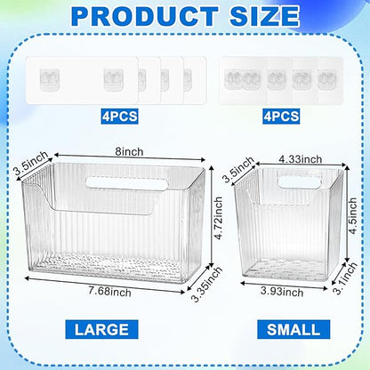 8 Pcs Storage Organizer Bins - Wall Mounted Basket in 2 Sizes, Clear Cabinet Door Stackable Adhesive Hanging Bin for Bathroom, Kitchen, Pantry