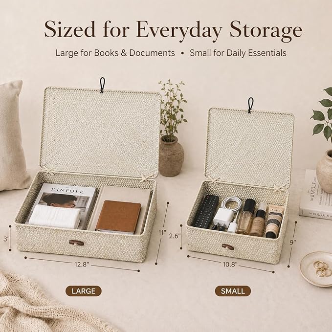 YANGQIHOME Set of 2 Seagrass Baskets with Lids, Rectangular Woven Storage Baskets, Natural Wicker Basket Boxes for Coffee Table, Shelf, Bathroom Counter & Closet Decor (Whitewashed, Set of 2)