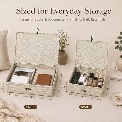 YANGQIHOME Set of 2 Seagrass Baskets with Lids, Rectangular Woven Storage Baskets, Natural Wicker Basket Boxes for Coffee Table, Shelf, Bathroom Counter & Closet Decor (Whitewashed, Set of 2)