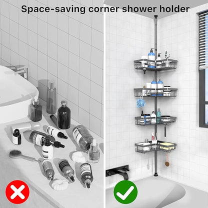 KEGII Corner Shower Caddy Tension Pole - Rustproof Tension Rod Organizer, Floor to Ceiling Shower Caddy 25-114.2 inch, Bathroom Storage Rack Corner Waterproof, Dark Gray