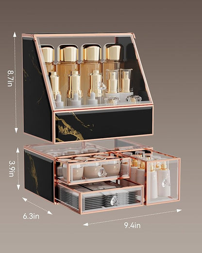 CoralHouse Makeup Organizer for Vanity, Black Makeup Organizer with Drawer, Skincare Holder for Bathroom Countertop,Cosmetic Display Case for Dresser