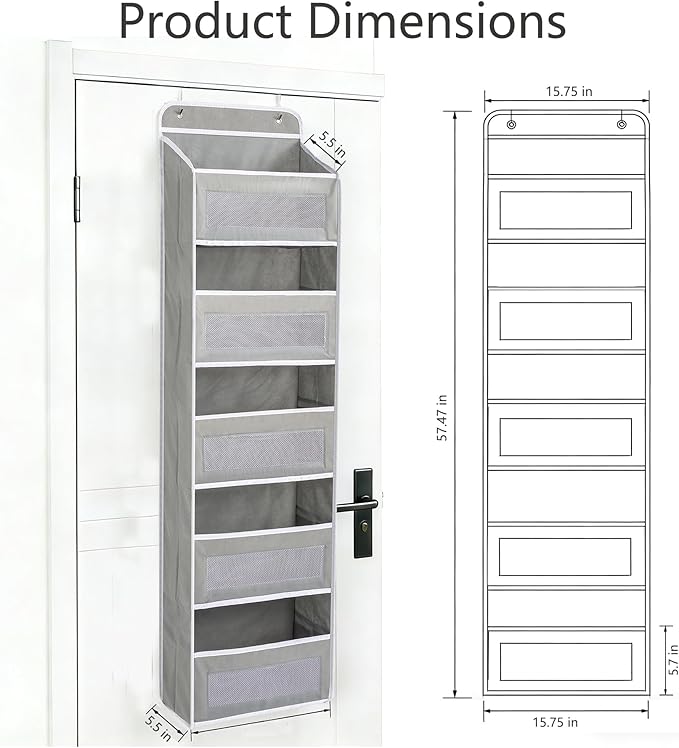 Over The Door Storage Organizer - 5 Shelf Hanging Organizer with 10 Side Pockets, 48 lbs Load Capacity (Anti-Tilt, Clear Windows & Hooks) for Bathroom, Bedroom, Kitchen,Nursery (Grey, 1 Pack)