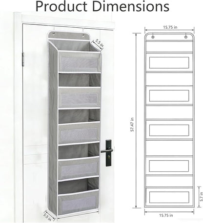 Over The Door Storage Organizer - 5 Shelf Hanging Organizer with 10 Side Pockets, 48 lbs Load Capacity (Anti-Tilt, Clear Windows & Hooks) for Bathroom, Bedroom, Kitchen,Nursery (Grey, 1 Pack)