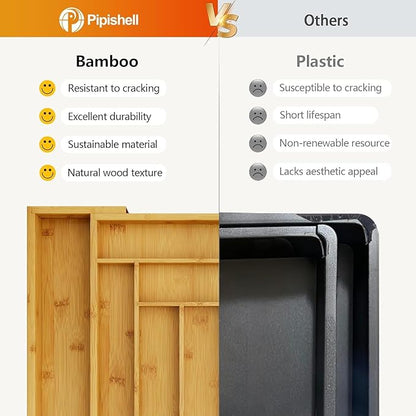 Pipishell Bamboo Expandable Silverware Drawer Organizer, Adjustable Kitchen Utensil Tray for Forks, Spoons and Knives, Wood Storage Cutlery Holder for Bedroom and Living Room