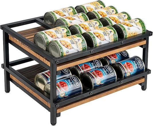 MyGift 2-Tier Can Holder for Pantry, Canned Goods Organizer, Countertop Soup Can Storage Dispenser Rack, Holds 10 to 15 oz Can Sizes, Urban Industrial Matte Black Metal and Rustic Burnt Solid Wood