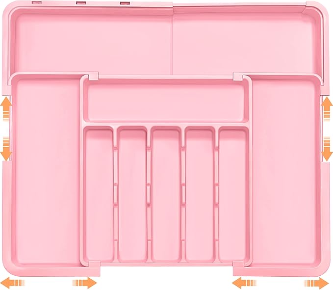 Spaclear Silverware Organizer Expandable Kitchen Utensil Drawer Organizer Large BPA Free Adjustable Cutlery Silverware Tray for Spoons Forks Knives Storage Divider for Kitchen Flatware 6-9 Slots Pink