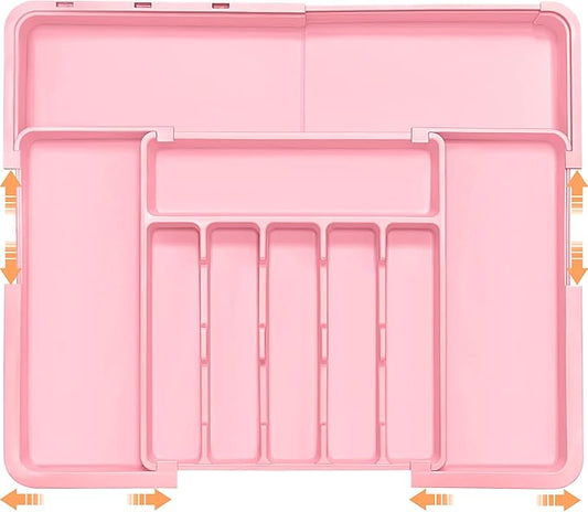 Spaclear Silverware Organizer Expandable Kitchen Utensil Drawer Organizer Large BPA Free Adjustable Cutlery Silverware Tray for Spoons Forks Knives Storage Divider for Kitchen Flatware 6-9 Slots Pink