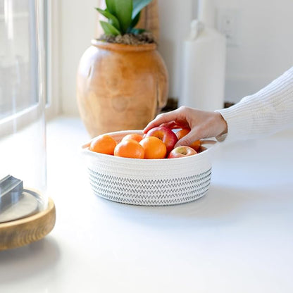NaturalCozy 5-Piece Round Small Woven Baskets Set– Cotton Rope Baskets for Organizing! Montessori Toys, Fruits Remotes Key Tray Bowl for Entryway Desk, Shallow Catchall Home Décor, Cat Dog Bin Gift