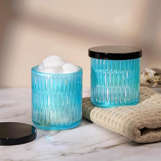 Qtip Holder for Bathroom set of 2, Clear Glass Apothecary Jars with Lids, Bathroom Canisters for Cotton Balls,Swabs,Floss Picks,Hair Ties,Vanity Organizer and Storage,Vintage Decor (Blue)