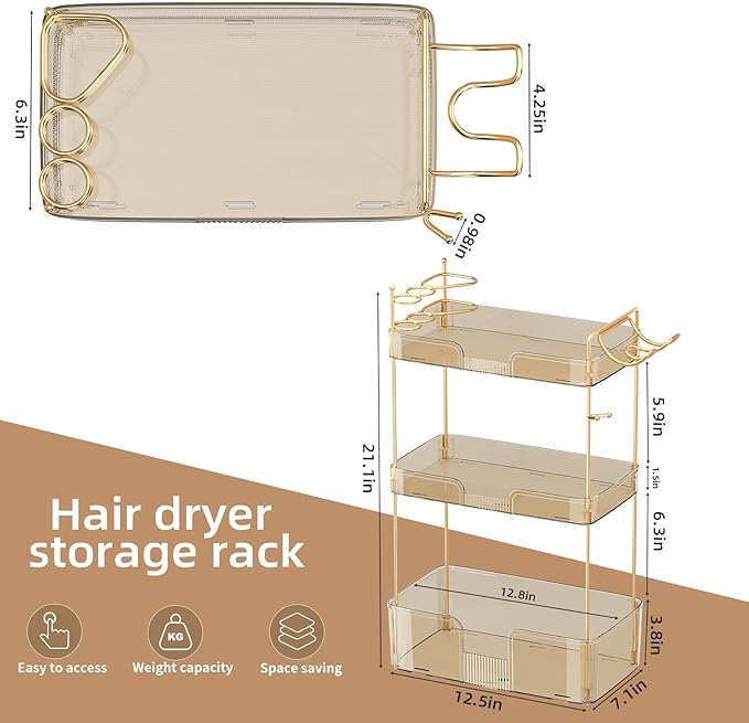 Akinbas 3 Tier Bathroom Organizer Countertop Makeup Perfume Tray Skincare Organizer Comes with Hair Dryer Rack and Toothbrush Holder for Bathroom Dresser Vanity (Gold)
