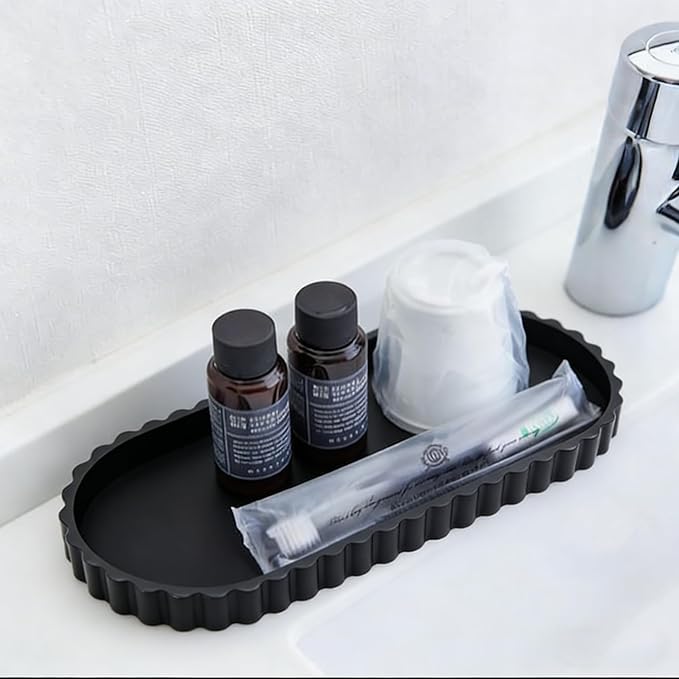 Black Oval Silicone Bathroom Vanity Tray - Decorative Soap Holder, Countertop Organizer for Kitchen/Bathroom/Coffee Table - Storage for Candle, Perfume, Jewelry Decor,Small Plant & Toiletries