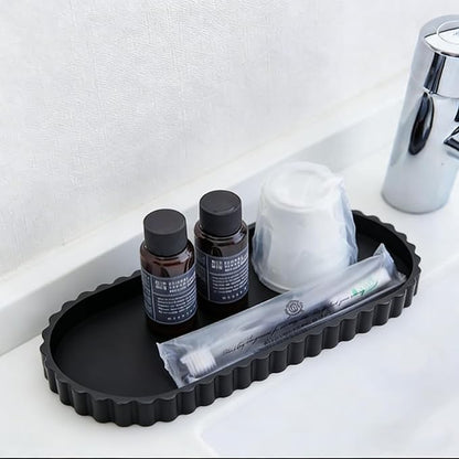 Black Oval Silicone Bathroom Vanity Tray - Decorative Soap Holder, Countertop Organizer for Kitchen/Bathroom/Coffee Table - Storage for Candle, Perfume, Jewelry Decor,Small Plant & Toiletries