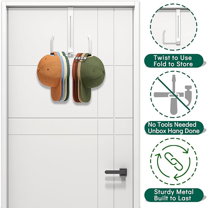 Over The Door Hat Organizer - Premium 2-in-1 Expandable Hat Hanger with Rotating Hooks for Baseball Caps - Heavy Duty Hat Rack for Closet Bedroom Travel, Space Saving, No Drilling - White