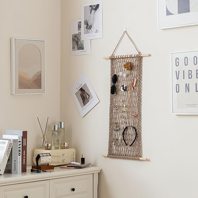 Pretty Jolly Hanging Jewelry Mesh Organizer Macrame Wall Mounted Necklaces Storage Earring Display Rack Girls Hair Clips Hanger with 20 Pieces S Shape Hooks for Bracelets,Necklace and Rings(Coffee)