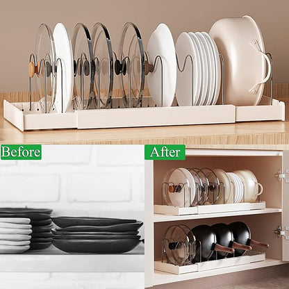 Pots and Pans Organizer Under Cabinet Expandable Pot Lid Holder with 10 Adjustable Dividers Pot Rack for Kitchen Storage Cutting Boards, Bakeware, Lid, White