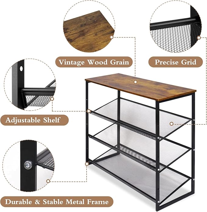 Garden 4 you Shoe Rack for Entryway 4 Tiers 11.8" D x 25" W x 28" H, Metal Shoe Rocks with Brown Wooden Tabletop, Angled Shoes Rack with Adjustable Mesh Shelves for Entryway Hallway Closet