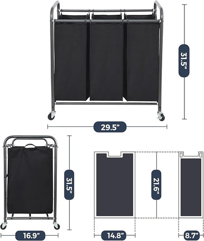 STO STO Laundry Sorter 3 Section, 3 Bag Clothes Hamper, Rolling Laundry Cart Basket with Heavy Duty Lockable Wheels and Removable Bag for Laundry Room, Bedroom, Closet, Black