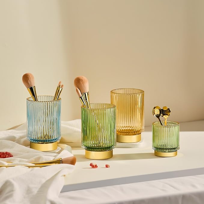Makeup Brush Holder Organizer,Toothbrush Holders,Desk Pen Pencil Holder,Multifunctional Vintage Glass Brush Cup（S+L/Blue/A3-3-US）