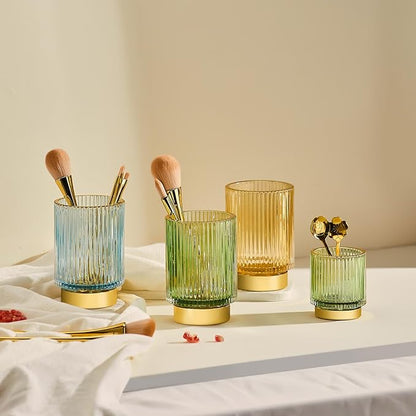 Makeup Brush Holder Organizer,Toothbrush Holders,Desk Pen Pencil Holder,Multifunctional Vintage Glass Brush Cup（S+L/Blue/A3-3-US）