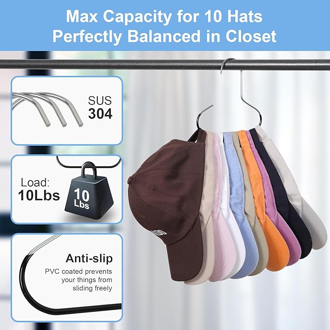 Baseball Hat Organizer Cap Rack for Closet 8 packs Black Hat Holder for Closet for Hat, Tie, Bra, Belt, Tank Top, Scarf