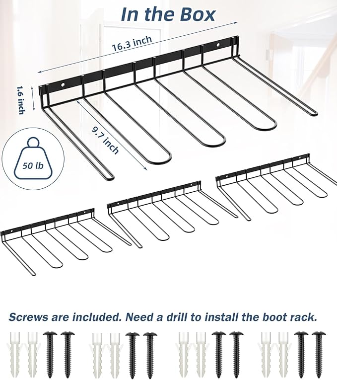 Wader Boot Hangers Rack, Sturdy Metal Organizer, Cowboy Boot & Tall Shoe Holder - 8 Pair, Wall Mounted for Closet, Entryway, Garage