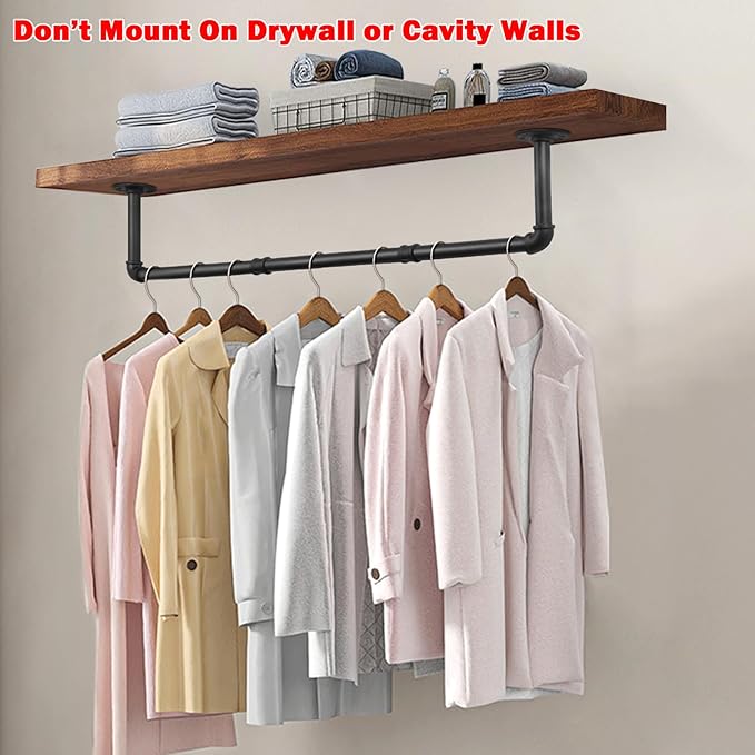 Livabber Industrial Pipe Clothes Rack, Heavy Duty Detachable Iron Garment Rack Wall Mounted, Rustic Saving Space Clothes Bar Multi-Purpose Hanging Rod for Bedroom, Closet, Black (36 Inch)