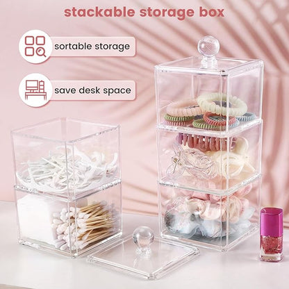 BLVRYVIO Hair Accessories Organizer for Girls, Clear 3 Stackable Acrylic Hair Tie Organizer for Headband, Bows, Cotton Swab Organization, Bathroom Containers Hair Clip Holder Storage with Lids