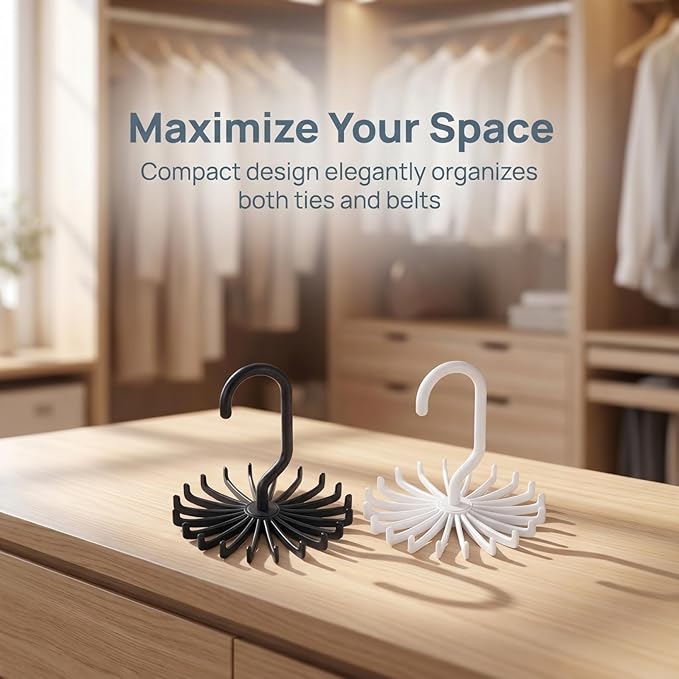 Solustre 4-Pack Rotating Plastic Tie Rack with Belt Hooks Space-Saving Closet Organizer for up to 20 Neckties and Belts Multi-Functional Hanging Storage Solution for Home and Travel